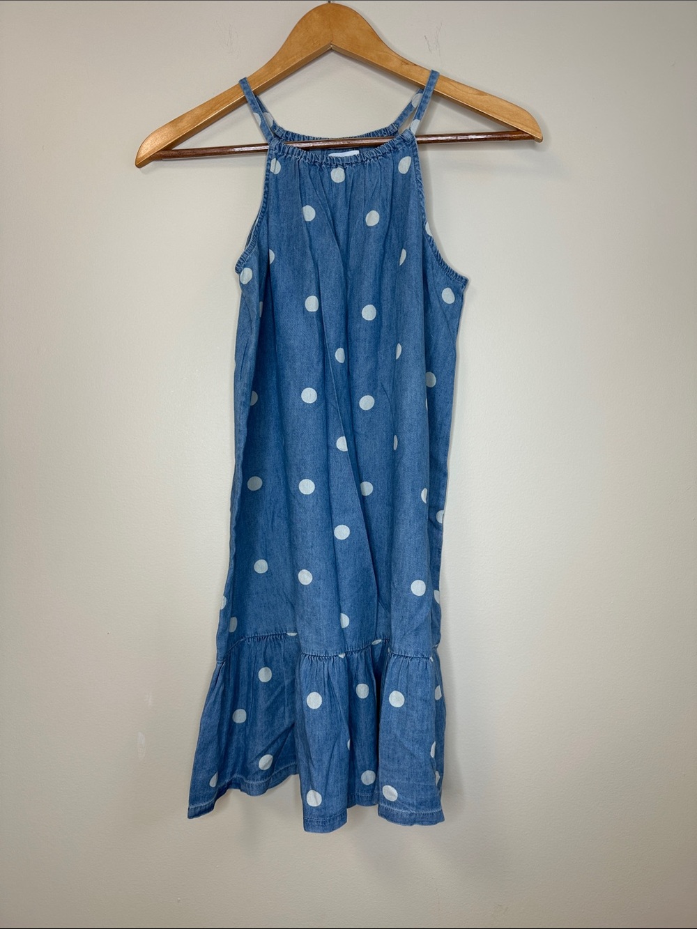Old Navy Blue White Dot Halter Denim Dress Girls 10-12